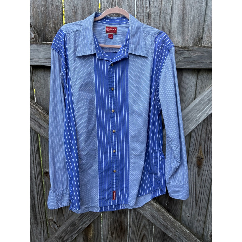Vintage 2003 Tommy HilfigerRed Label 100% Cotton Pearl Snap Striped Shirt Men XL
